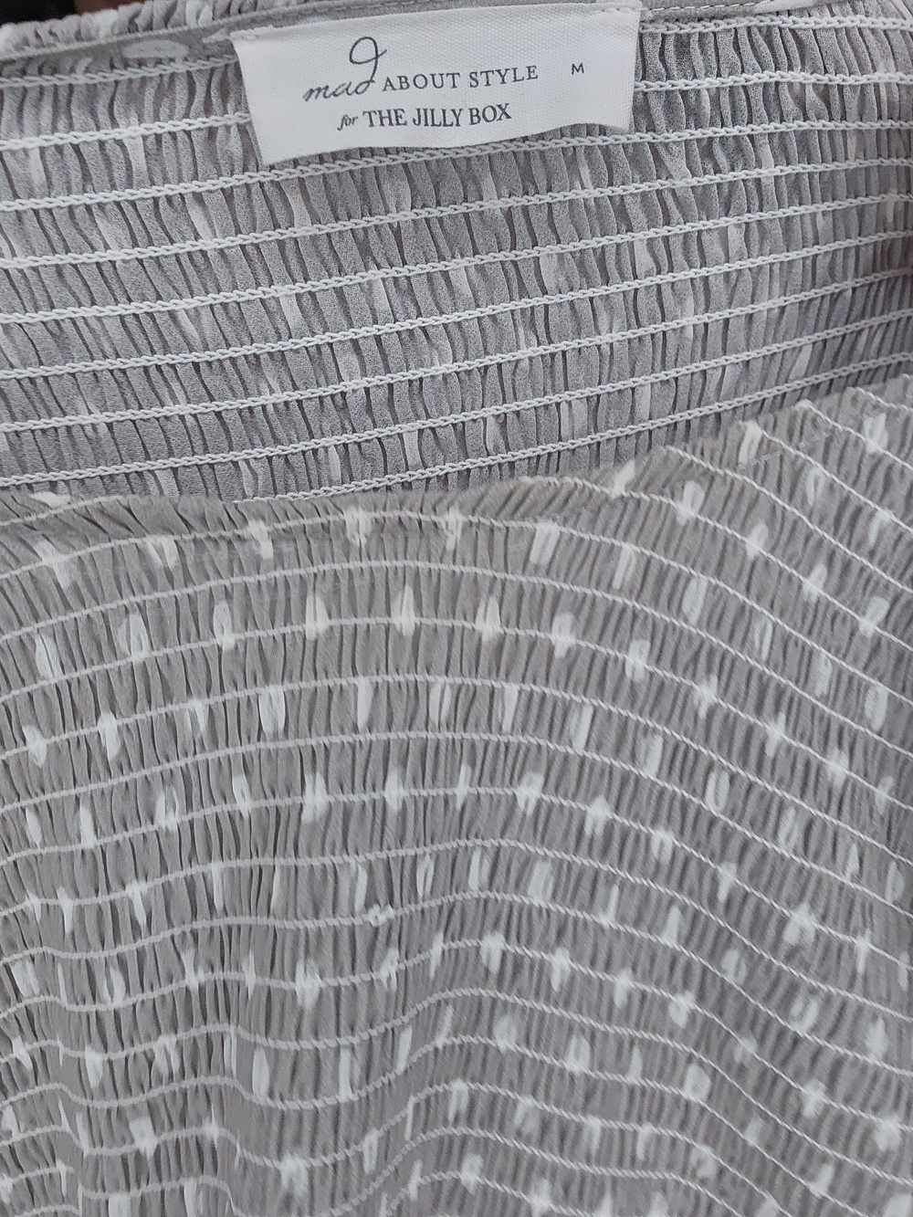 Jilly BOX Light Gray Polka Dot Midi Dress with Sheer Sleeves - Picture 4 of 5